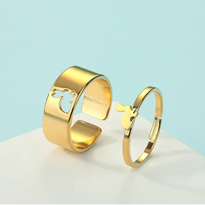 2PCS Matching Cute Animals Promise Engagement Rings for Couples Men Women Jewelry Band Sets 316L Stainless Steel Adjustable Open Ring - color: Rabbit-g
