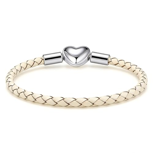 GMXLin Leather Charm Bracelet Heart Snap Clasp Clip Lock Handmade Braided Wristband Compatible with Women Pandora Charm Bead - color: White