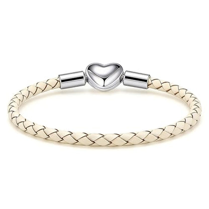 GMXLin Leather Charm Bracelet Heart Snap Clasp Clip Lock Handmade Braided Wristband Compatible with Women Pandora Charm Bead - color: White