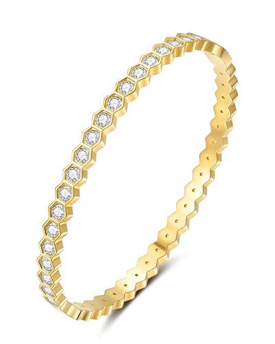 Joo&Rind Gold Bangle Bracelets for Women 18K Gold Plated Stainless Steel Bracelet Oval Hinged Bangles for Small Wrists Non Tarnish Waterproof with Cubic Zirconia Jewelry Gift for Everyday Wear Birthday - color: Zirconia-Edged Bangle-Gold