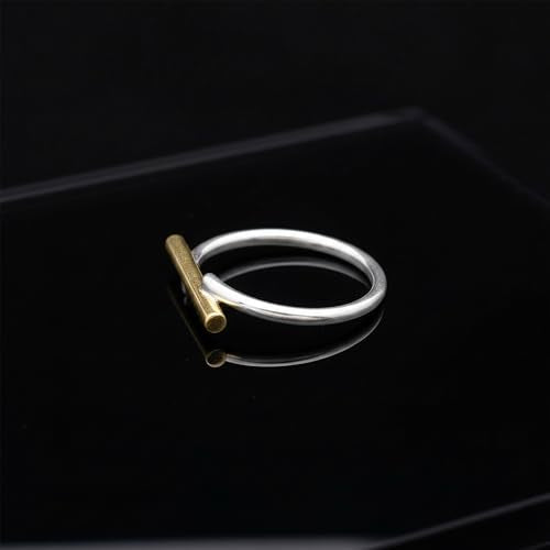 Handmade 925 Sterling Silver Ring with Gold Accent, Two-Tone Minimalist Design, Thin Band Stacking Ring - size: 6.5
