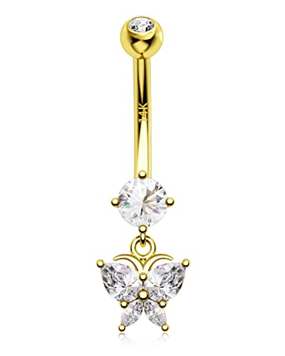 Melighting 14K Solid Gold Butterfly Belly Button Rings for Women - Dangle Belly Piercing With Clear CZ - Navel Rings for Woman Body Piercing Jewelry