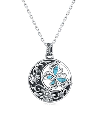 925-Sterling-Silver Turquoise Dragonfly/Hummingbird/Compass/Anchor/Butterfly/Cross/Lotus Necklaces Vintage Boho Pendant Jewelry Victorian Christmas Birthday Gifts for Women - style: Butterfly Sunflower Turquoise Necklace