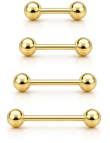 Tongue Rings Surgical Steel Straight Barbell Tongue Piercing Jewelry - Hypoallergenic Surgical Stainless Steel Nipple Rings for Women & Men Nipple Piercing Jewelry 14g, 16g (12mm 14mm 16mm 18mm 20mm) - color: Gold 4pcs - 10mm, 12mm, 14mm, 16mm