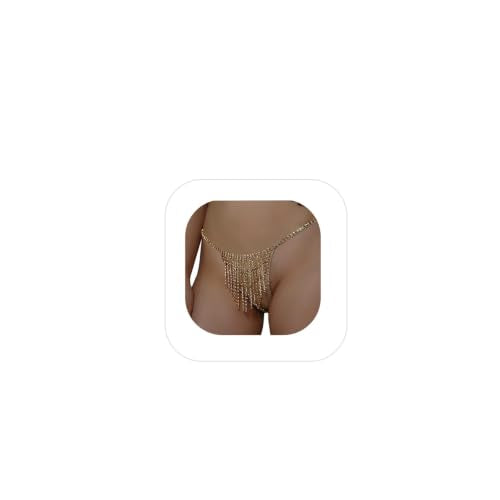 Women Sexy Rhinestone Waist Body Chain Bikini Thong Panties Crystal Body Chain Jewelry (Gold) - color: Fringed Panties