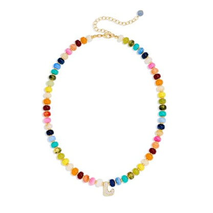 Colorful Beaded Initial Necklace for Women - Colorful Letter A-Z Necklaces, 14K Gold Plated Zirconia Bubble Letter Charm, Women Gold Jewelry Personalized Birthday Gifts - color: L