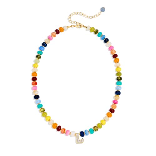 Colorful Beaded Initial Necklace for Women - Colorful Letter A-Z Necklaces, 14K Gold Plated Zirconia Bubble Letter Charm, Women Gold Jewelry Personalized Birthday Gifts - color: L