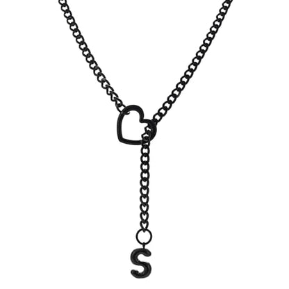 sroyte Black Heart Slip Chain Initial Necklaces for Women,Stainless Steel O-Ring Adjustable Lariat Heart Y-Necklace,Punk Gothic Cuban Collar Choker Necklace for women - color: Black S