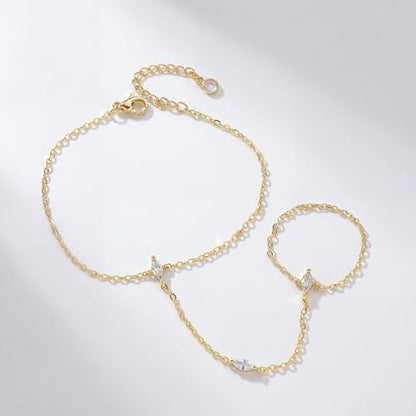 Bracelets for Women, Dainty Gold Silver Ring Bracelet Hand Chain | Cubic Zirconia Pearl Charms, 14K Gold Plated, Adjustable Fit, Trendy Stackable Link Chain, Waterproof Jewelry, Gift for Her - color: Gold-marquise hand chain