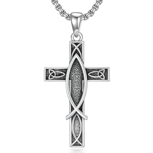 ROMANTICWORK Cross Necklace for Men 925 Sterling Silver Three Nail Cross/Atheist/Anchor/Skull Pendant Christian Protect Jewelry Birthday Gifts for Husband - color: Christian Fish