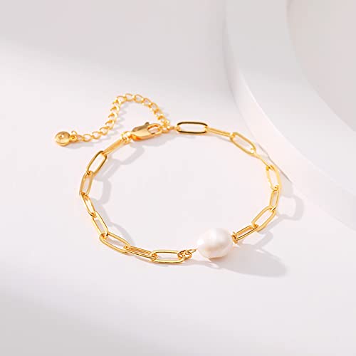 Dainty Gold Bracelets for Women, 18 Gold Plated Adjustable Evil Eye/Butterfly/Beaded/Pearl/Heart/Turquoise Handmade Bracelet for Women - style: Pearl and Paperclip