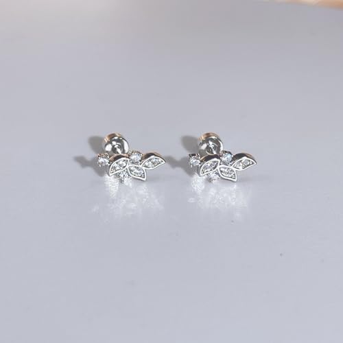 Crystal Leaf Cartilage Tiny Stud Earrings Stainless Steel Cubic Zirconia Leaves Flower Screw Flat Back Tragus Helix Studs Earring for Women Girls Men Dainty Jewelry Gifts 18G - color: Silver