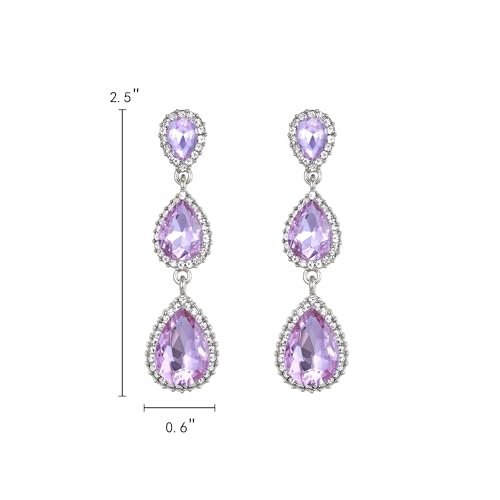 EleQueen Women's Crystal Teardrop Pear Shape 2.5 Inch Long Earrings | Dangle Earrings for Women, TearDrop Crystals Earrings for Bride Bridesmaid, Prom Jewelry for Wedding - color: Light Purple Silver-Tone