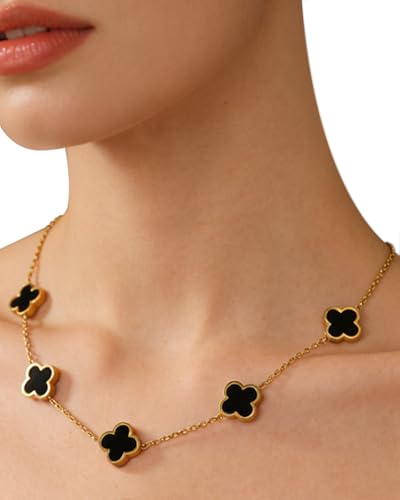 Four Leaf Clover Necklace 18K Gold Plated Necklaces for Women Lucky Flower Pendant Adjustable Link Chain Stainless Steel Dainty Trendy Simple Jewelry Gifts for Women - color: 5G-Black