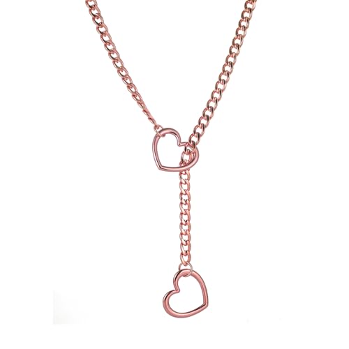 MIFYNN Heart O ring Slip Chain Necklaces for Women Stainless Steel Cuban Chain Bar Necklace Punk Rock Collar Necklace Handmade Adjustable Lariat Y Necklaces for Men - color: Pink
