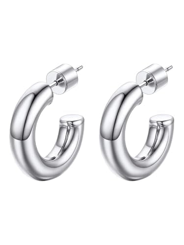 PROSTEEL Chunky Hoop Earrings for Women 14K Gold Plated/Black/Silver | 20/30/40/50/60/70/80mm Stainless Steel Thick Big Round Hoop with Waterproof and Non Tarnish Trendy Jewelry with Gift Box - color: 2. Silver, size: 20MM
