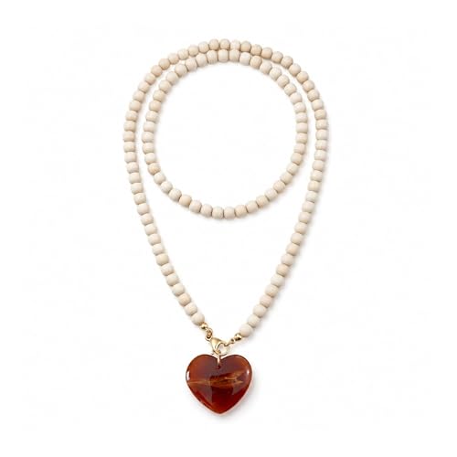 Chunky Beaded Heart Necklace Boho Statement Jewelry for Women Earthy Wooden Bead Necklace for Fall Outfit Sweater Accessories Vacation Styling Birthday Gift