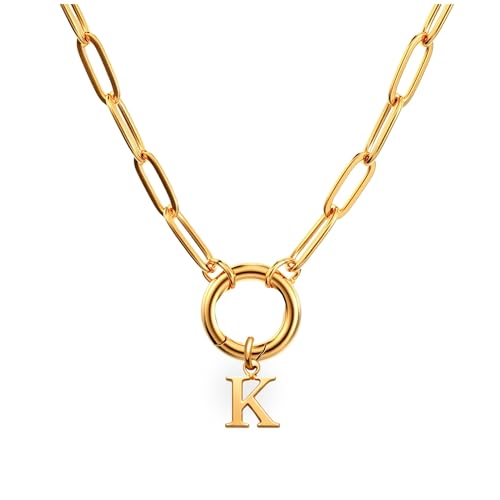 Paperclip Chain Carabiner Initial Charm Holder Necklace by Ginger Lyne | 18K Gold-Plated or Silver Tone Paperclip Chain with Carabiner Charm Holder, Adjustable 18-20 Inch, A-Z Initial Pendant - color: Gold-K