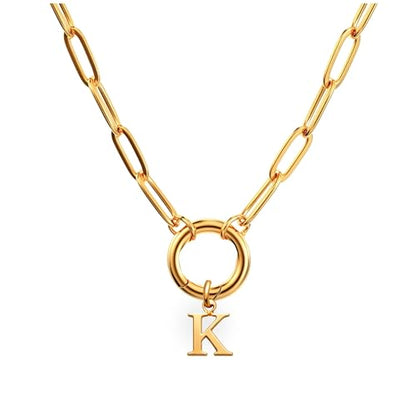 Paperclip Chain Carabiner Initial Charm Holder Necklace by Ginger Lyne | 18K Gold-Plated or Silver Tone Paperclip Chain with Carabiner Charm Holder, Adjustable 18-20 Inch, A-Z Initial Pendant - color: Gold-K