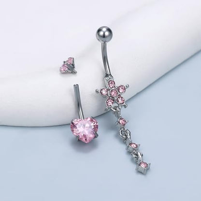 14G Dangle Belly Button Ring Piercing Jewelry 316L Stainless Surgical Steel Heart Flower CZ Reverse Navel Rings Dangling Belly Button Ring Piercing Jewelry for Women 14 Gauge Hypoallergenic - style: 5Pcs Pink