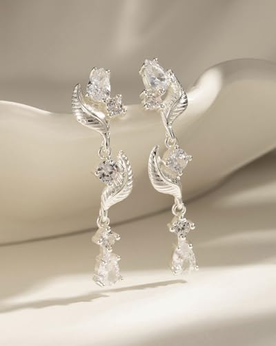 14K Gold Plated/Sterling Silver CZ Pearl Drop Dangle Earrings for Women - color: Silver-Flower CZ