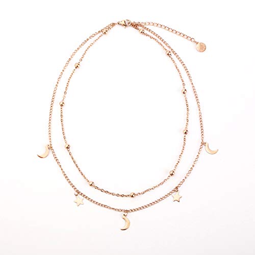 BaubleStar Star Moon Charm Necklace Layering Chain Choker for Women - color: Titanium Steel/Rose Gold