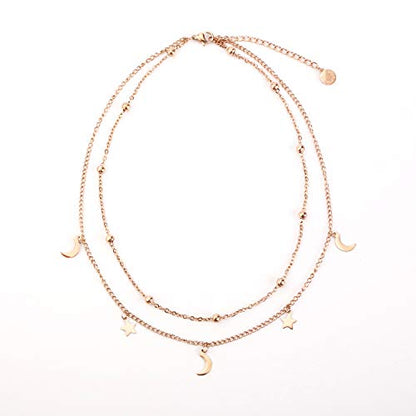 BaubleStar Star Moon Charm Necklace Layering Chain Choker for Women - color: Titanium Steel/Rose Gold