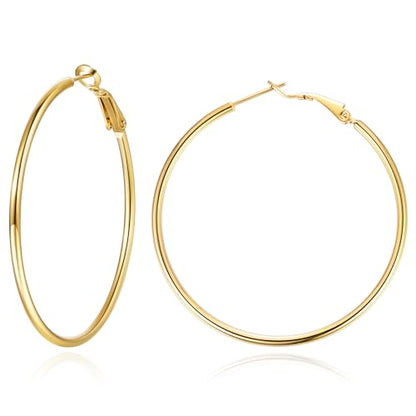 Jewlpire 14K Gold Plated 925 Sterling Sliver Post Hoop Earrings, 2MM Thick Hoop earrings Lightweight Large Hoop Earrings for Women Trendy 20/30/40/50/60/70mm - color: 14K Gold Plated, size: 50mm