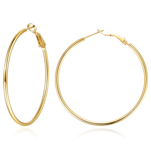 Jewlpire 14K Gold Plated 925 Sterling Sliver Post Hoop Earrings, 2MM Thick Hoop earrings Lightweight Large Hoop Earrings for Women Trendy 20/30/40/50/60/70mm - color: 14K Gold Plated, size: 50mm