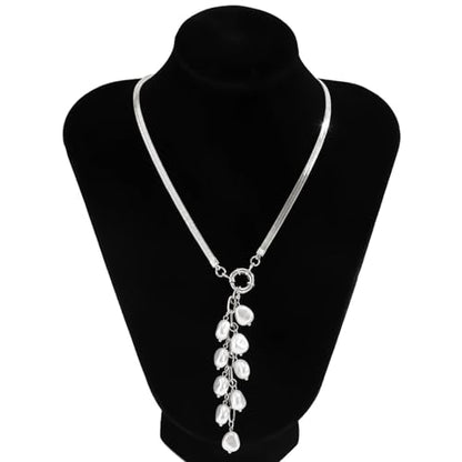 Women's Baroque Beaded Y Necklace, Trendy Pendant Long Choker, Simple Daily Wear Jewelry Gift - color: Silver