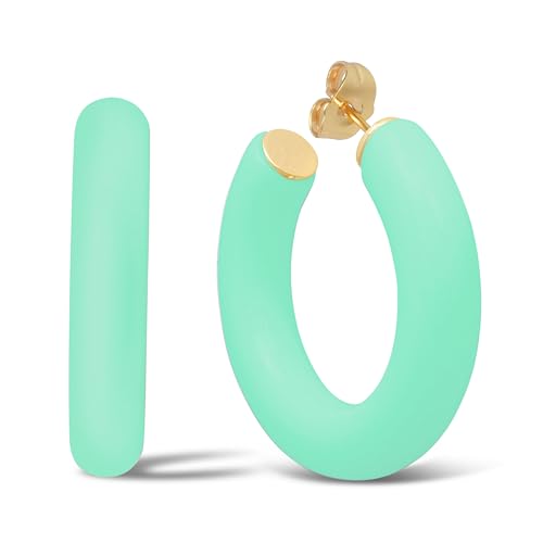 Gold Plated Multicolor Resin Chunky Thick Open Hoop Earrings in 57MM and 37.5MM Diameters - color: Green - Mint Green - Matte Finish, size: 37.5MM (1.48") Diameter