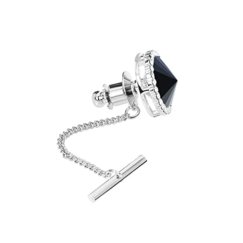 Men's Classic Round Crystal Men's Tie Tack Gold Color Tie Tack Clutch Back Fashion Necktie Tack Pin with Chain Crystal Lapel Pins Brooch - color: Black&Silver Tie Tack
