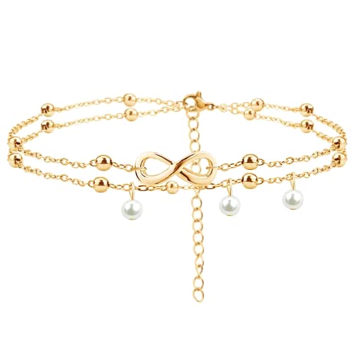 Jean Beau Infinity Beach Anklet bracelet for Women Teen Boho Waterproof Double Layered Dainty Beads Chain Charm Ankle Pearl dangling foot Jewelry Gift - color: Gold