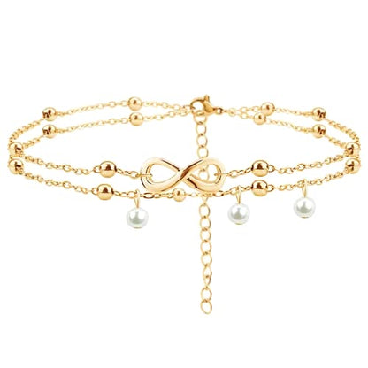 Jean Beau Infinity Beach Anklet bracelet for Women Teen Boho Waterproof Double Layered Dainty Beads Chain Charm Ankle Pearl dangling foot Jewelry Gift - color: Gold