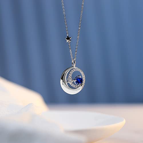 FANCIME Birthstone Necklaces 925 Sterling Silver Moon and Star Pendant Fine Jewelry Birthday Mothers Day Gifts for Mom Wife Her Daughter, Adjustable Chain 16+2" - color: Sep.- Sapphire