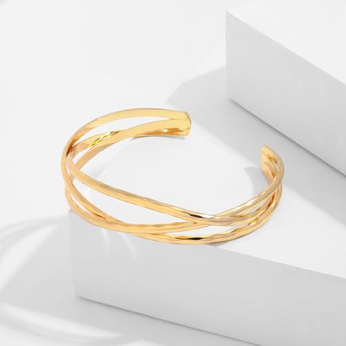 Gold Cuff Bracelet for Women Chunky Multi-layer Cross Wire Open Bracelet Hollow Wide Cuff Bracelets Adjustable Gold Open Cuff Bangle Bracelet - color: Triple Cuff Bracelet