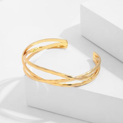 Gold Cuff Bracelet for Women Chunky Multi-layer Cross Wire Open Bracelet Hollow Wide Cuff Bracelets Adjustable Gold Open Cuff Bangle Bracelet - color: Triple Cuff Bracelet