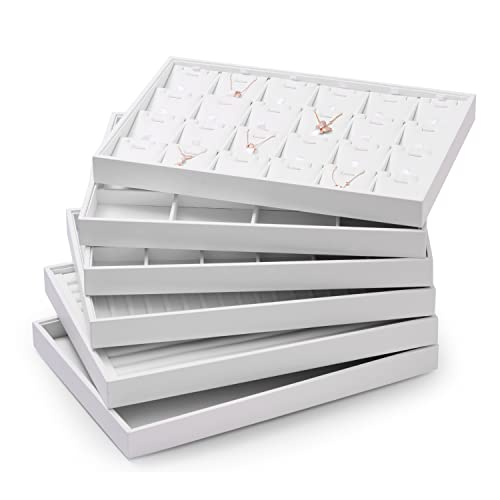 Oirlv Premium White Leather Stackable Jewelry Tray 24 Grid Jewelry Organizer Tray with Removable Inserts Cards Necklace Display Holder | 24 Necklace Pendant Sections,Removable Insert Cards,Anti-Tangle Design,Space-Saving Event Display,13.8×9.5Inch - color