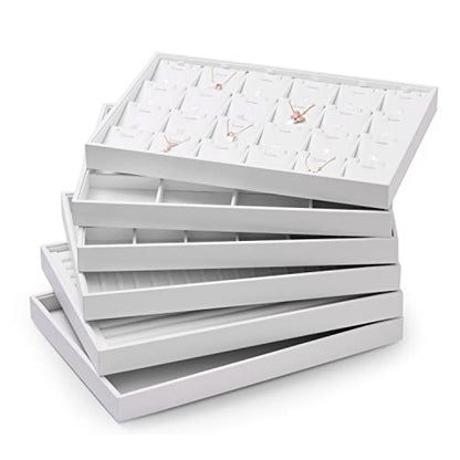 Oirlv Premium White Leather Stackable Jewelry Tray 24 Grid Jewelry Organizer Tray with Removable Inserts Cards Necklace Display Holder | 24 Necklace Pendant Sections,Removable Insert Cards,Anti-Tangle Design,Space-Saving Event Display,13.8×9.5Inch - color