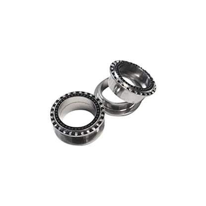 Screw Fit Plug Earrings Surgical Steel Ear Plug Gauges Center Tunnels Ear Gauges Screw Plugs with Black & Clear CZ Gems Piecing Jewelry - size: 12mm - 1/2"