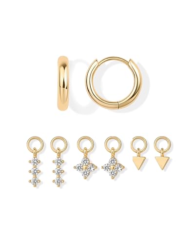 PAVOI 14K Gold Plated Huggie Earring Charms for Women - Mix and Match Huggie Hoop Earrings with Charms Pack - Dangle Dainty Motif Set with Cubic Zirconia, Heart, Cross, Pearl & Evil Eye Jewelry - Valentines Day Trendy Jewelry - style: Flower