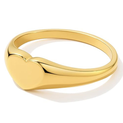 Gold Pinky Signet Rings for Women Men, Stackable Dainty Oval Heart Ring, Non-Tarnish Waterproof 18K Gold Plated Stainless Steel Size 3-11 - style: Slim Heart Signet Ring