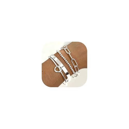 Gold Bracelets Stack Jewelry for Women Non Tarnish Waterproof | 14K Gold Plated Bangle Cuff Bracelet Set Accessories - color: Silver, style: Style A