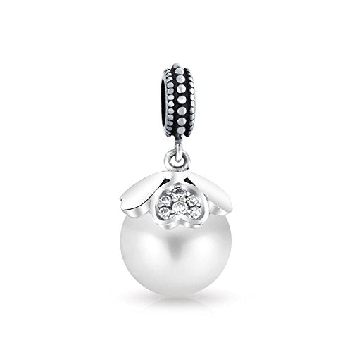 Bling Jewelry .925 Sterling Silver Vintage Style Heart Cap Faux White Pearl Dangle Charm Bead For Women for Bracelet