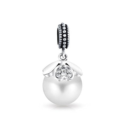 Bling Jewelry .925 Sterling Silver Vintage Style Heart Cap Faux White Pearl Dangle Charm Bead For Women for Bracelet