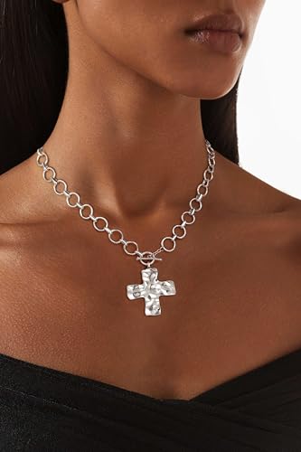 Carffordo Gold Cross Necklaces for Women, Chunky 14K Gold Plated Necklace | Statement Cross Pendant Necklace with Toggle Clasp, Hypoallergenic Waterproof Bold Chain, Trendy Charm Jewelry Gift for Her - color: silver cross