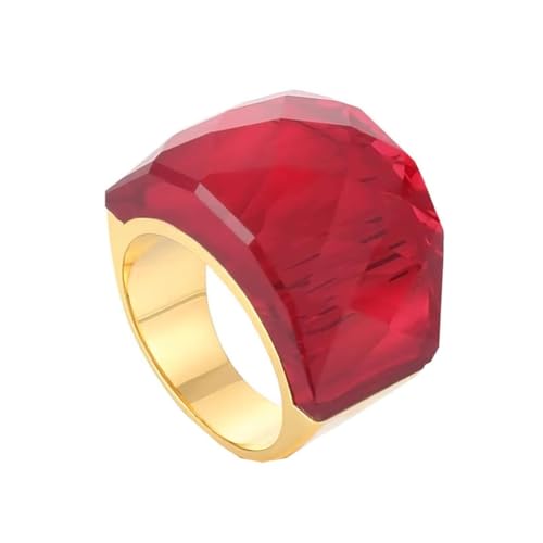 Oversize Crystal Glass Rhinestone Statement Ring Stainless Steel Pink Royal Purple Rainbow Cubic Zirconia Chunky Wedding Band for Women Cocktail Party Ring for Ladies Birthday - color: Gold Red Stone