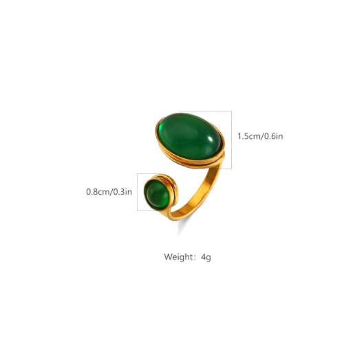 Dtja Double Green Stone Statement Ring for Women Gold Plated Adjustable Expandable Round Oval Birthstone Open Wrap Finger Rings Retro Birthday Anniversary Jewelry