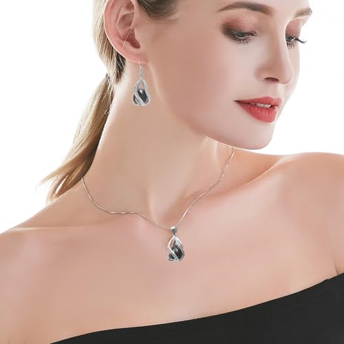 Pearl Jewelry Set For Women S925 Sterling Silver/14K Gold Plated Necklace & Earrings Set Freshwater Pearl Pendant Cage Set for Wedding Anniversary Prom Birthday Gift - color: Silvery-Black