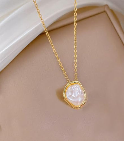 Baroque Pearl Necklaces for Women, Single Pearl Dainty Gold Necklace，Drop Pendant Necklace with Irregular Pearls Vintage Wedding Jewelry